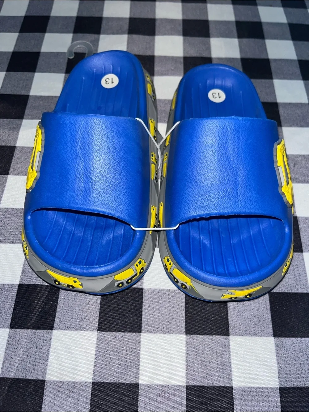 Kids Blue Slide Sandals with Yellow Car Accents - Size 1